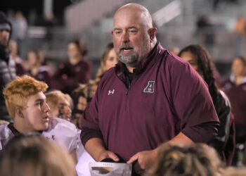 Abernathy football coach Justin Wiley talks to his team after a win over Friona in a Class 3A Division II bi-district playoff Friday, Nov. 12, 2021, at Benny Douglas Stadium in Muleshoe.